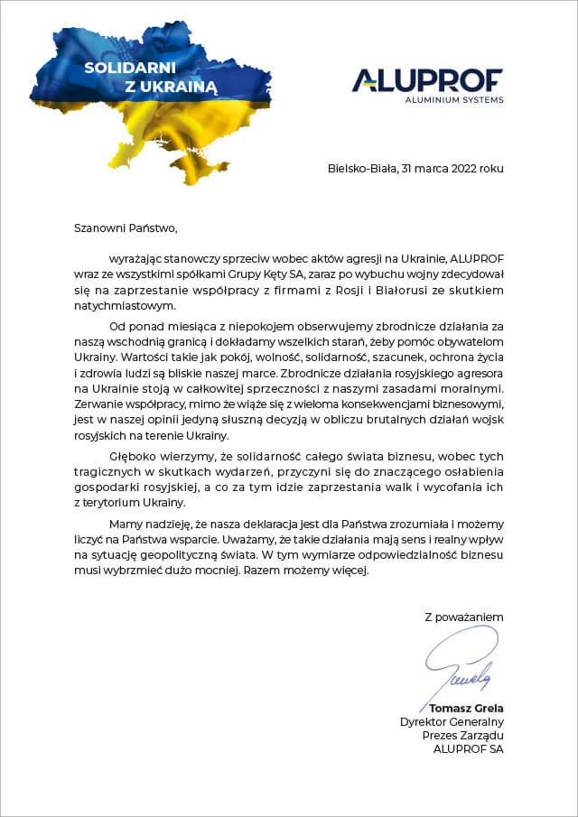  SOLIDARNI Z UKRAINĄ – ALUPROF ZRYWA WSPÓŁPRACĘ Z FIRMAMI Z ROSJI I BIAŁORUSI